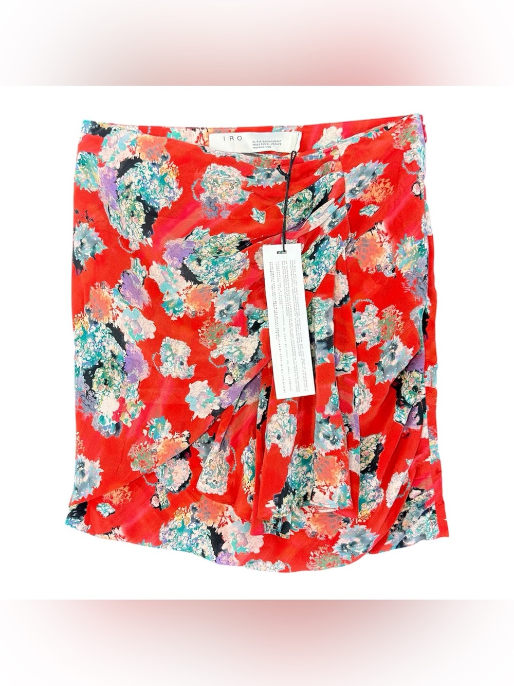 IRO Suppie Red Multicolor Floral Silk Draped Mini Skirt Womens Sz 36 (US 4)